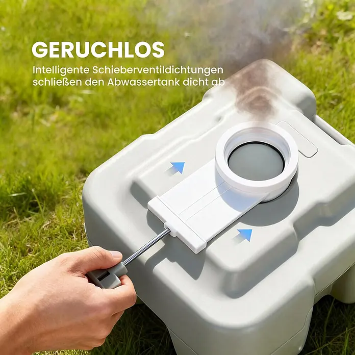 Homcom Campingtoilette - L x B x H: 41,5 x 36,5 x 42 cm, Manuelle Wasserspülung, Sonstiges - Hand bedient Schieberventil an einem hellgrauen Abwassertank. Intelligente Dichtungen verhindern Gerüche.