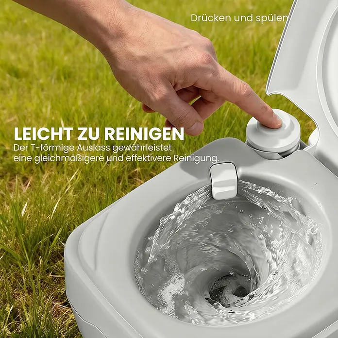 Homcom Campingtoilette - L x B x H: 41,5 x 36,5 x 42 cm, Manuelle Wasserspülung, Sonstiges - Eine Hand spült eine graue Campingtoilette; Wasser wirbelt aus einem T-Auslass für effektive Reinigung.
