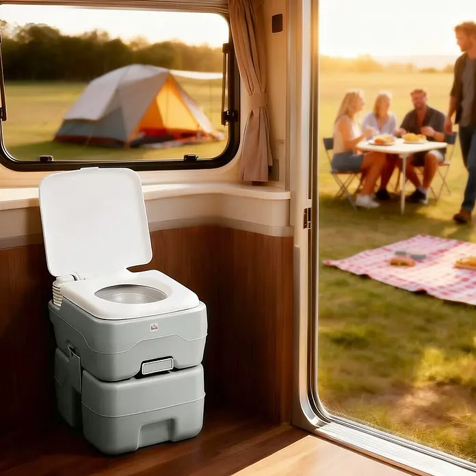 Homcom Campingtoilette - L x B x H: 41,5 x 36,5 x 42 cm, Manuelle Wasserspülung, Sonstiges - Grau-weißes tragbares Camping-WC im Wohnmobil, Deckel offen, Blick auf eine sonnige Campingszene.