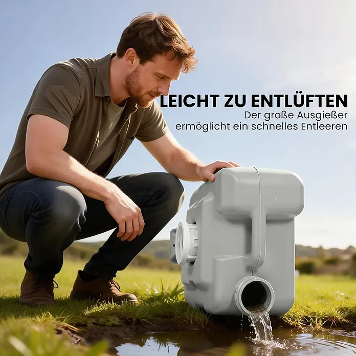 Homcom Campingtoilette - L x B x H: 41,5 x 36,5 x 42 cm, Manuelle Wasserspülung, Sonstiges - Mann entleert einen grauen tragbaren Abwassertank, gießt Flüssigkeit in eine Pfütze im Freien.