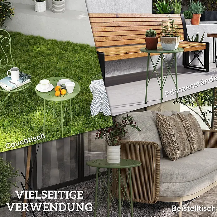 Outsunny Garten-Beistelltisch rund - Stahl, Grün - Grüner Metall-Beistelltisch, vielseitig einsetzbar als Couchtisch, Pflanzenständer und Beistelltisch.