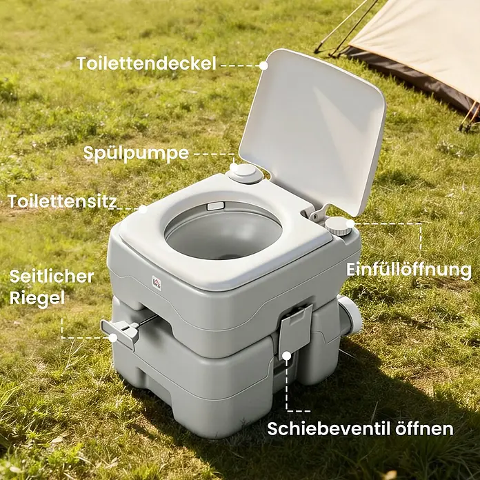 Homcom Campingtoilette - L x B x H: 41,5 x 36,5 x 42 cm, Manuelle Wasserspülung, Sonstiges - Graue Kunststoff-Campingtoilette mit offenem Deckel, im Freien vor einem Zelt.