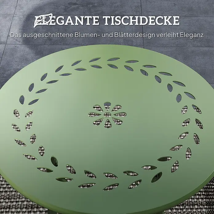 Outsunny Garten-Beistelltisch rund - Stahl, Grün - Runder, hellgrüner Metalltisch mit dekorativem Blumen- und Blattausschnittmuster.