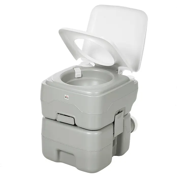 Homcom Campingtoilette - L x B x H: 41,5 x 36,5 x 42 cm, Manuelle Wasserspülung, Sonstiges - Zweiteilige graue und weiße Kunststoff-Campingtoilette mit offenem Deckel und Sitz.