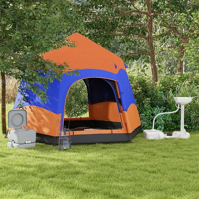 Outsunny Campingtoilette - L x B x H: 35,5 x 41 x 42,5 cm, Manuelle Wasserspülung, Sonstiges - Orange-blaues Campingzelt mit tragbarer Toilette und Spüle.