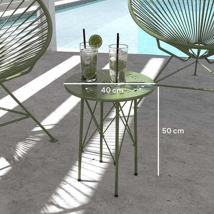 Outsunny Garten-Beistelltisch rund - Stahl, Grün - Grüner runder Beistelltisch aus Metall mit perforierter Platte, 40 cm Ø, 50 cm hoch, draußen am Pool.