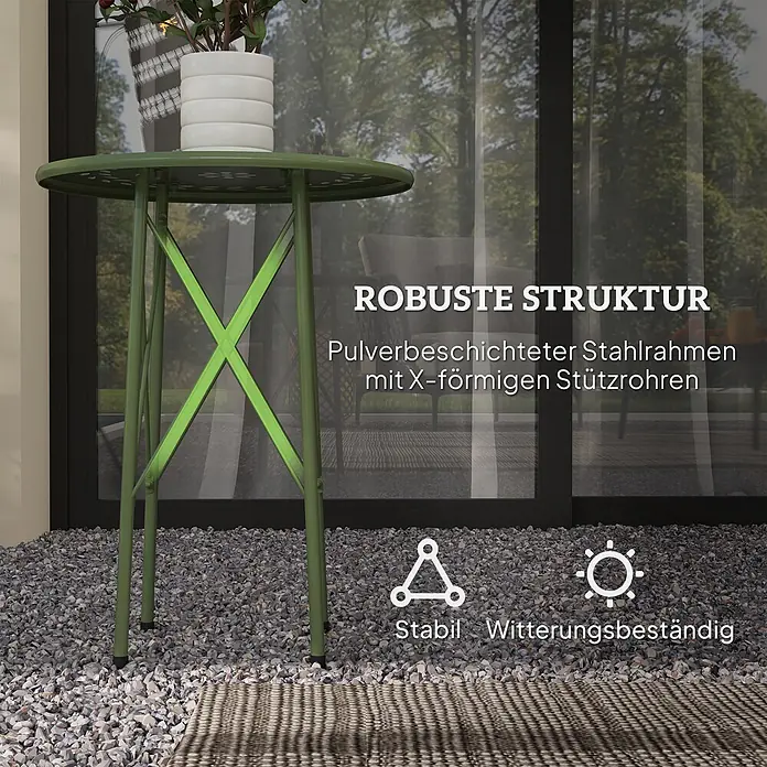 Outsunny Garten-Beistelltisch rund - Stahl, Grün - Grüner pulverbeschichteter Stahl-Gartentisch mit X-förmigen Stützrohren, für den Außenbereich geeignet.