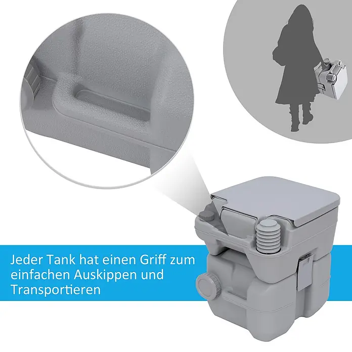 Outsunny Campingtoilette - L x B x H: 35,5 x 41 x 42,5 cm, Manuelle Wasserspülung, Sonstiges - Graue tragbare Toilette mit integriertem Griff für einfaches Entleeren und Transportieren. Silhouette zeigt die Portabilität.