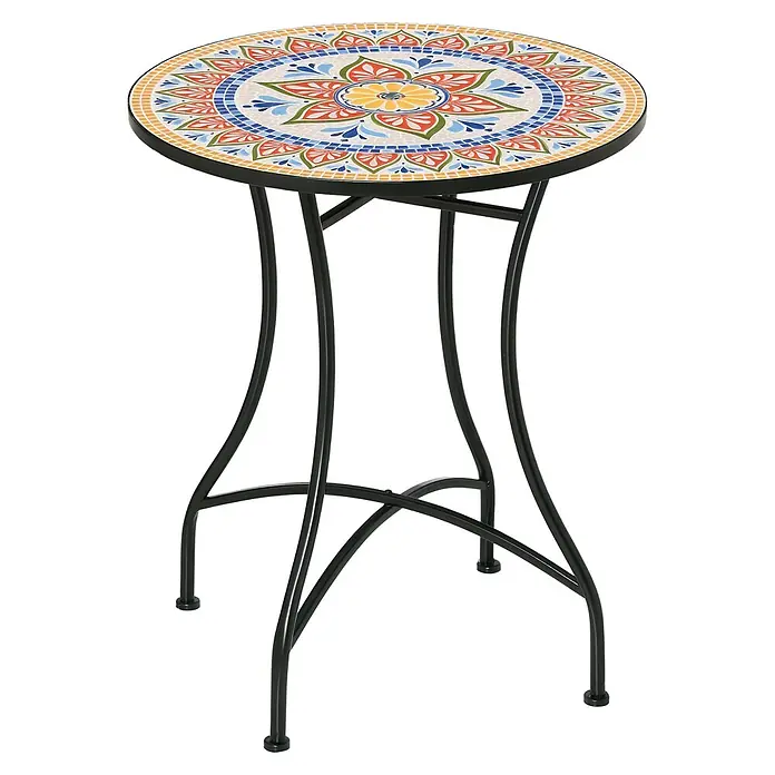 Outsunny Garten-Beistelltisch rund - Keramik, Metall, Rot, Blau, Weiß - Runder Bistrotisch mit bunter Mosaikfliesenplatte und floralem Muster sowie schwarzem Metallgestell mit geschwungenen Beinen.