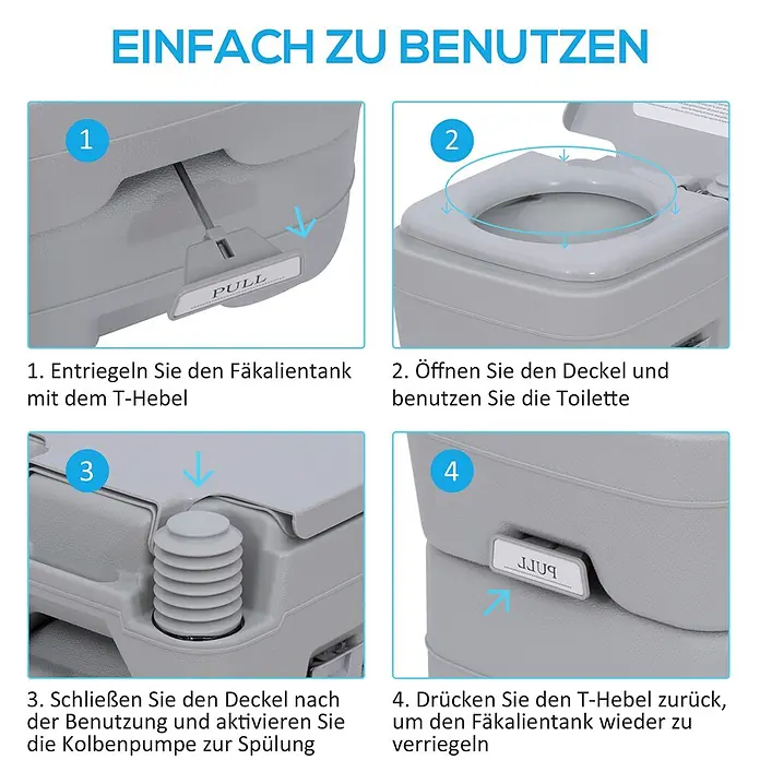 Outsunny Campingtoilette - L x B x H: 35,5 x 41 x 42,5 cm, Manuelle Wasserspülung, Sonstiges - Graues, tragbares Kunststoff-Camping-WC mit einfacher Bedienungsanleitung.