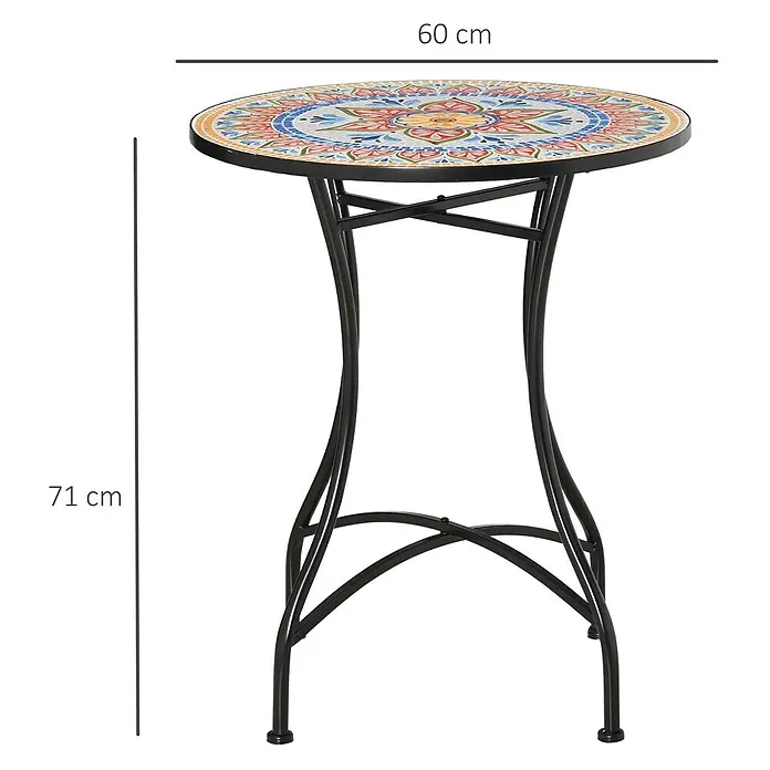 Outsunny Garten-Beistelltisch rund - Keramik, Metall, Rot, Blau, Weiß - Runder Mosaiktisch mit bunter Platte und schwarzem Metallgestell. 60 cm Durchmesser, 71 cm hoch.