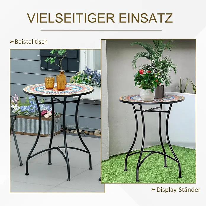 Outsunny Garten-Beistelltisch rund - Keramik, Metall, Rot, Blau, Weiß - Runder Mosaik-Beistelltisch mit schwarzen Metallbeinen, genutzt als Terrassentisch und Pflanzenständer.