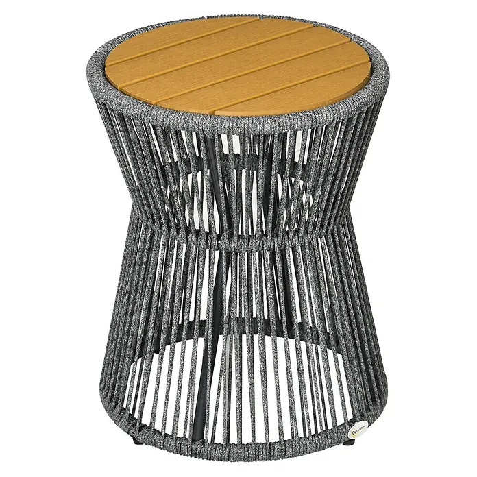 Outsunny Garten-Beistelltisch rund im Boho-Stil - Aluminium, Polystyrol, Polyethylen, Dunkelgrau, Natur - Runder Beistelltisch mit hellbrauner Lattenplatte und grauem geflochtenem Seilgestell.