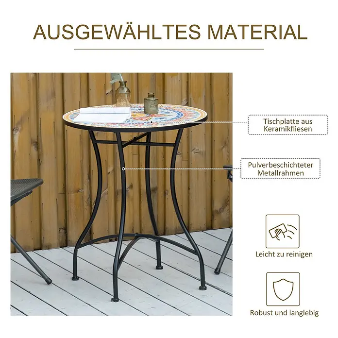 Outsunny Garten-Beistelltisch rund - Keramik, Metall, Rot, Blau, Weiß - Runder Mosaik-Terrassentisch mit schwarz pulverbeschichtetem Metallrahmen, langlebig und leicht zu reinigen.