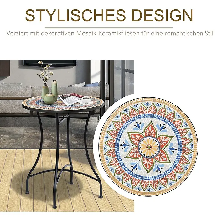 Outsunny Garten-Beistelltisch rund - Keramik, Metall, Rot, Blau, Weiß - Stilvoller Mosaik-Bistrotisch mit schwarzem Metallgestell und bunter Fliesenplatte in einem Wohnzimmer.
