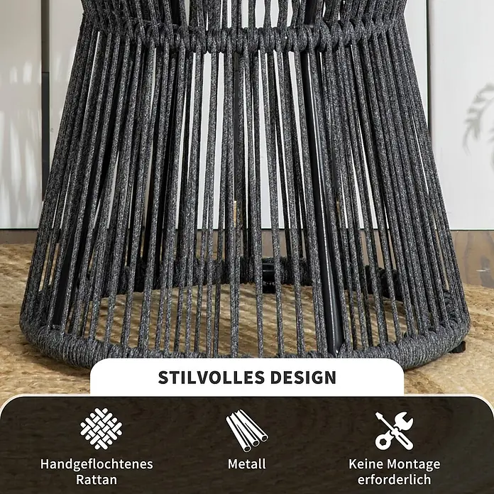 Outsunny Garten-Beistelltisch rund im Boho-Stil - Aluminium, Polystyrol, Polyethylen, Dunkelgrau, Natur - Dunkelgraues handgeflochtenes Rattan- und Metallgestell für Gartenmöbel.