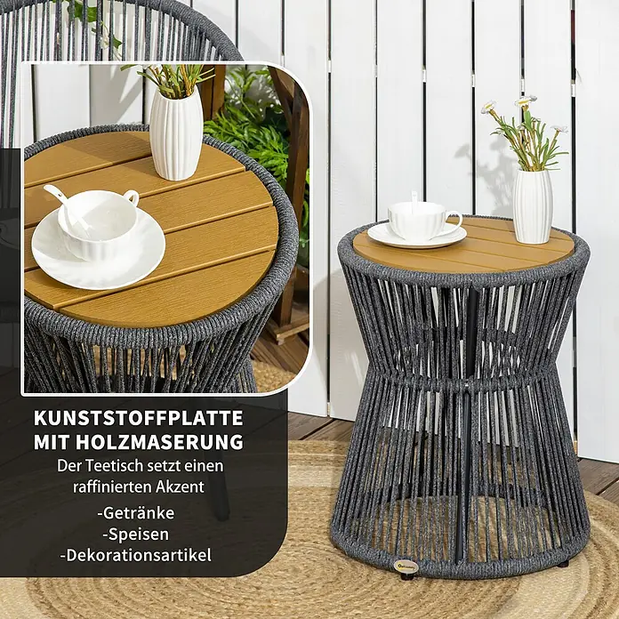 Outsunny Garten-Beistelltisch rund im Boho-Stil - Aluminium, Polystyrol, Polyethylen, Dunkelgrau, Natur - Runder Outdoor-Beistelltisch mit dunkelgrauem Seilgeflecht-Untergestell und heller Holzmaserung-Kunststoffplatte.