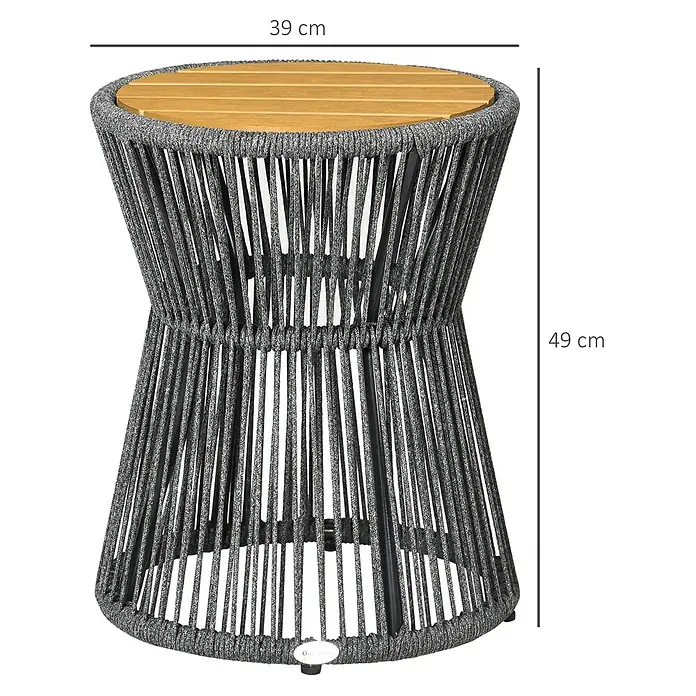 Outsunny Garten-Beistelltisch rund im Boho-Stil - Aluminium, Polystyrol, Polyethylen, Dunkelgrau, Natur - Runder Beistelltisch mit grauem Seilgeflecht und Naturholzplatte. Maße: 39 cm Durchmesser, 49 cm Höhe.