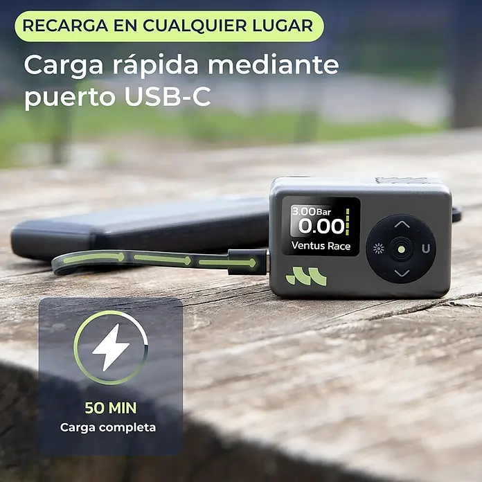 Mini bomba de aire Woowind Ventus Race - 7,4 V, 8,27 bar, Capacidad de bombeo máx.: 14 l/h - Dispositivo Ventus Race digital compacto gris oscuro/bomba, carga rápida vía USB-C. Pantalla muestra lecturas de presión.