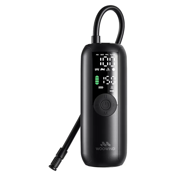 Mini bomba de aire Woowind LP1 - 7,4 V, 10,34 bar, Capacidad de bombeo máx.: 18 l/h - Inflador de neumáticos portátil negro mate con pantalla digital para presión, batería y modos. Incluye botones de control y manguera adjunta.