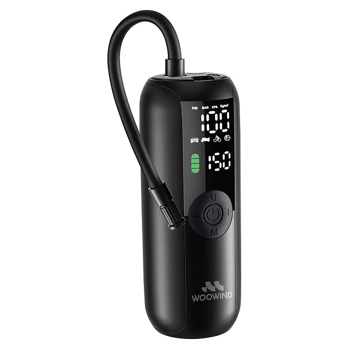 Mini bomba de aire Woowind LP1 - 7,4 V, 10,34 bar, Capacidad de bombeo máx.: 18 l/h - Inflador de neumáticos portátil negro con manguera flexible, pantalla digital y botones de control.