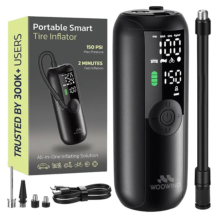 Mini bomba de aire Woowind LP1 - 7,4 V, 10,34 bar, Capacidad de bombeo máx.: 18 l/h - Inflador de neumáticos inteligente portátil negro con pantalla digital, botones y varias boquillas.