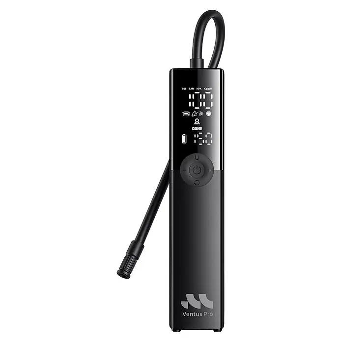 Mini bomba de aire Woowind Ventus Pro - 7,4 V, 10,34 bar, Capacidad de bombeo máx.: 22 l/h - Elegante inflador de neumáticos portátil negro con pantalla digital que muestra lecturas de presión e iconos de modo, con manguera de aire integrada.