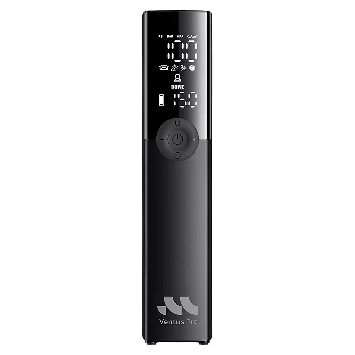 Mini bomba de aire Woowind Ventus Pro - 7,4 V, 10,34 bar, Capacidad de bombeo máx.: 22 l/h - Inflador de neumáticos portátil negro con pantalla digital que muestra unidades de presión, tipos de vehículos, batería y controles.