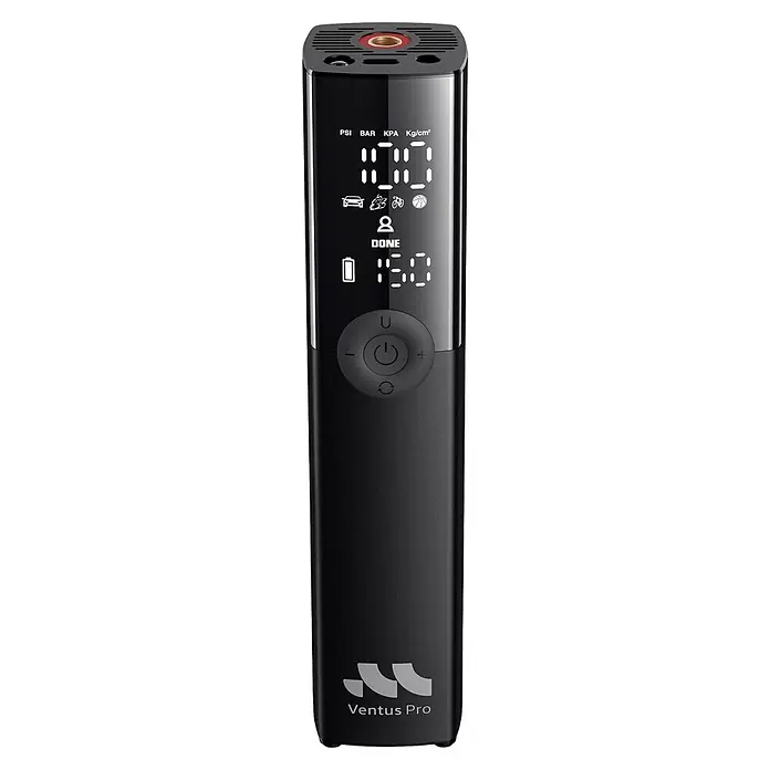 Mini bomba de aire Woowind Ventus Pro - 7,4 V, 10,34 bar, Capacidad de bombeo máx.: 22 l/h - Compresor de aire portátil negro con pantalla digital que muestra unidades de presión e iconos de modo. Con botones de control.
