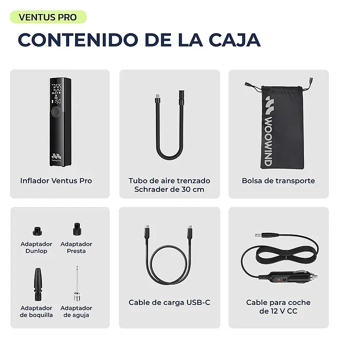 Mini bomba de aire Woowind Ventus Pro - 7,4 V, 10,34 bar, Capacidad de bombeo máx.: 22 l/h - Inflador de aire digital Ventus Pro negro con manguera trenada, adaptadores, cable de carga USB-C, cable de coche 12V y bolsa de transporte.