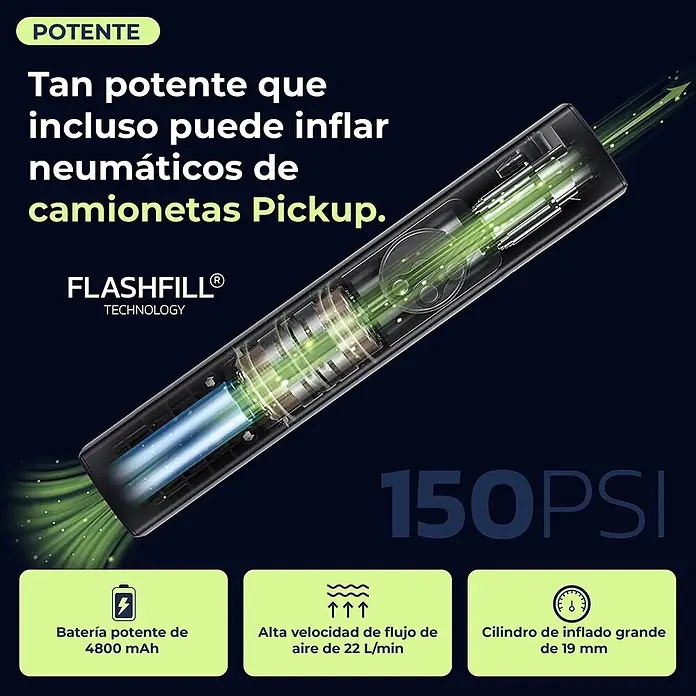 Mini bomba de aire Woowind Ventus Pro - 7,4 V, 10,34 bar, Capacidad de bombeo máx.: 22 l/h - Inflador de neumáticos portátil negro con partes internas luminosas. Ofrece 150 PSI de potencia, batería de 4800 mAh y flujo de aire de 22 L/min.