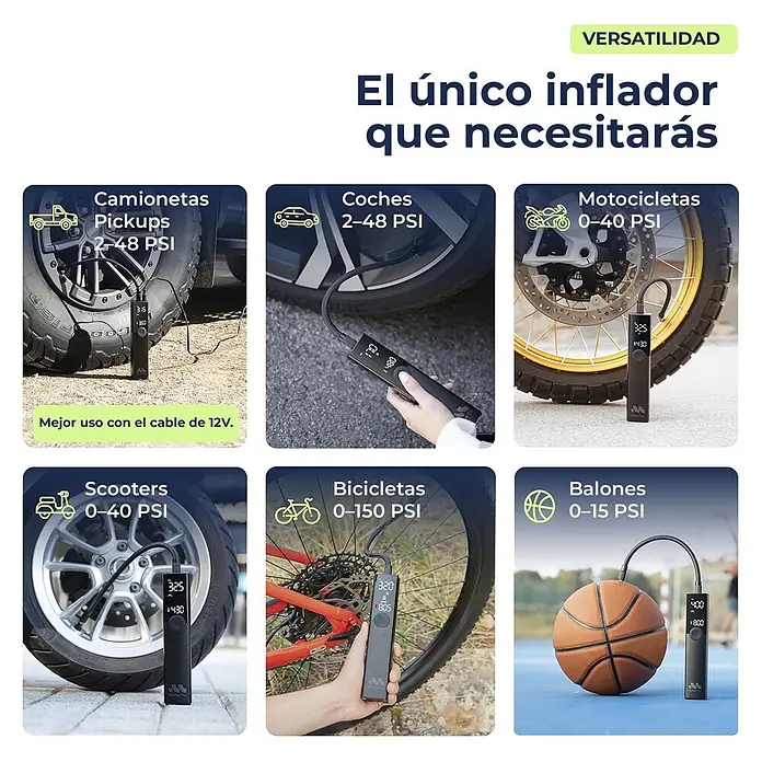 Mini bomba de aire Woowind Ventus Pro - 7,4 V, 10,34 bar, Capacidad de bombeo máx.: 22 l/h - Inflador de aire digital portátil negro inflando neumáticos (camioneta, coche, moto, patinete, bici) y un balón de baloncesto, destacando su versatilitat.