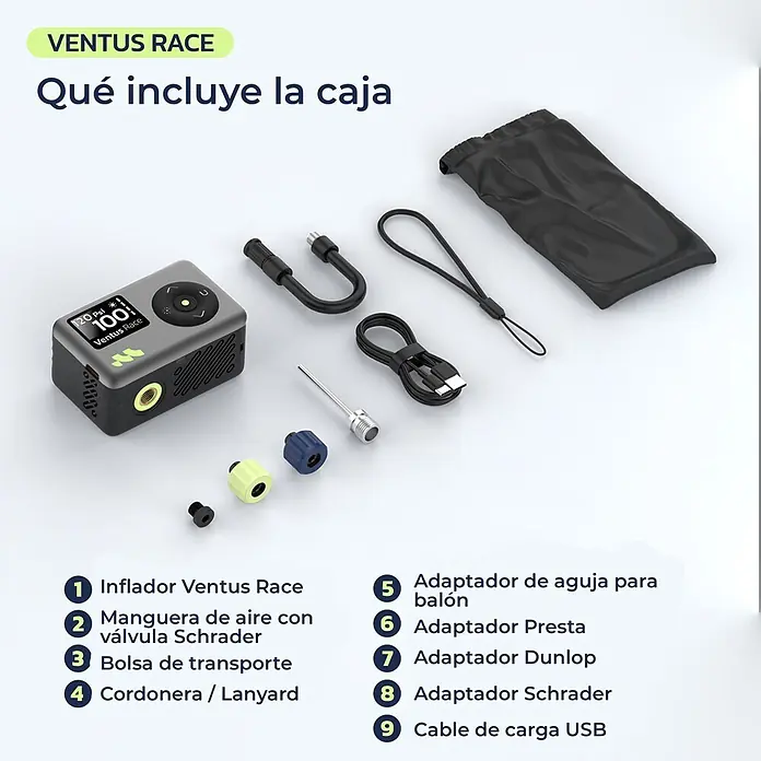 Mini bomba de aire Woowind Ventus Race - 7,4 V, 8,27 bar, Capacidad de bombeo máx.: 14 l/h - Inflador Ventus Race, manguera de aire negra, bolsa de transporte, cordón, varios adaptadores (aguja, Presta, Dunlop, Schrader) y cable USB.