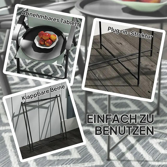 Outsunny Garten-Beistelltisch rund - Stahl, Schwarz - Vielseitiger Beistelltisch aus schwarzem Metall mit abnehmbarem Tablett, Steckstruktur und klappbaren Beinen, einfach zu bedienen, im Freien.