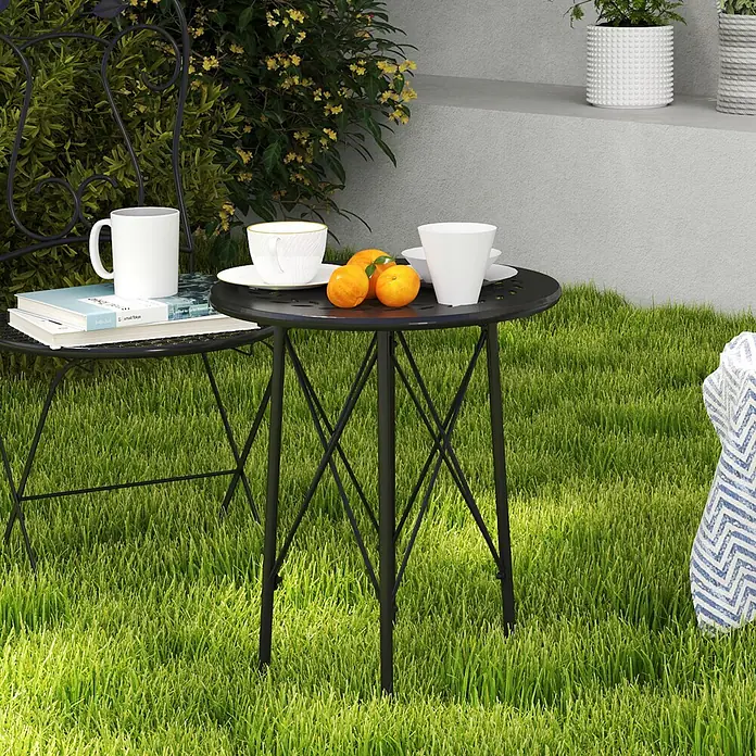 Outsunny Garten-Beistelltisch rund - Stahl, Schwarz - Schwarzer Metall-Beistelltisch für draußen mit gelochter Platte und X-Beinen, mit Getränken und Obst.