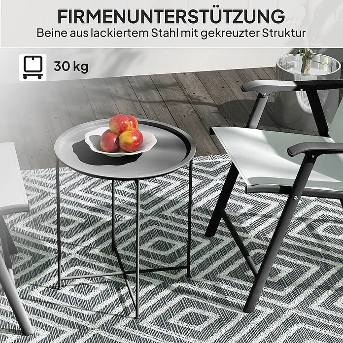 Outsunny Garten-Beistelltisch rund - Stahl, Schwarz - Runder, dunkelgrauer Outdoor-Beistelltisch mit lackierten Stahlbeinen, 30kg Tragfähigkeit, mit Obst.