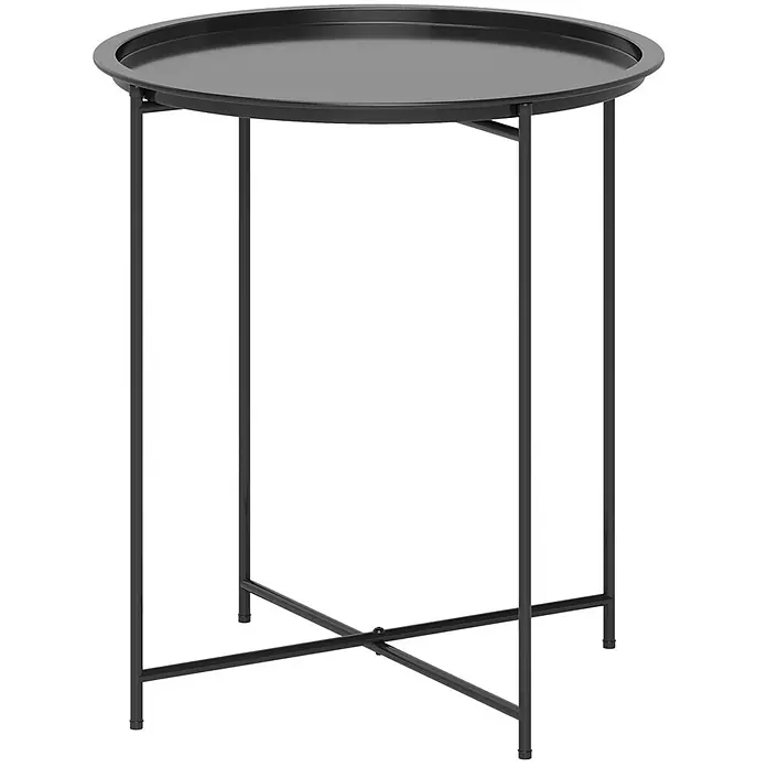 Outsunny Garten-Beistelltisch rund - Stahl, Schwarz - Schwarzer runder Metall-Beistelltisch mit Tablettplatte und X-förmigem Gestell.