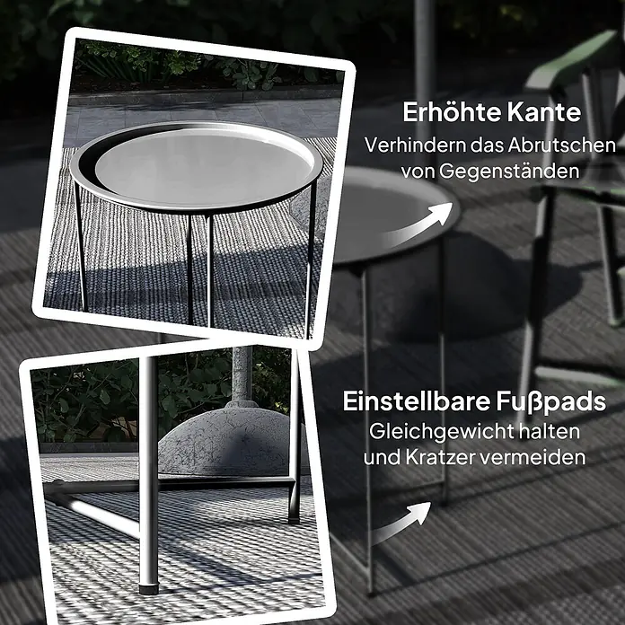 Outsunny Garten-Beistelltisch rund - Stahl, Schwarz - Ein dunkelgrauer Metall-Beistelltisch mit erhöhter Kante und verstellbaren Füßen, auf einem Terrassenboden.