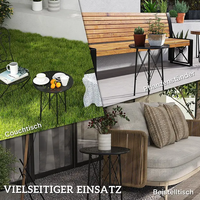 Outsunny Garten-Beistelltisch rund - Stahl, Schwarz - Kleiner, schwarzer runder Metalltisch mit dekorativer Platte und geometrischen Beinen, vielseitig einsetzbar als Couchtisch, Pflanzenständer und Beistelltisch.