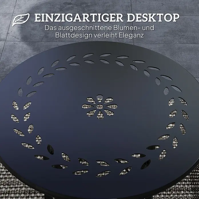Outsunny Garten-Beistelltisch rund - Stahl, Schwarz - Runder schwarzer Tisch mit ausgeschnittenem Blumen- und Blattdesign auf der Tischplatte.