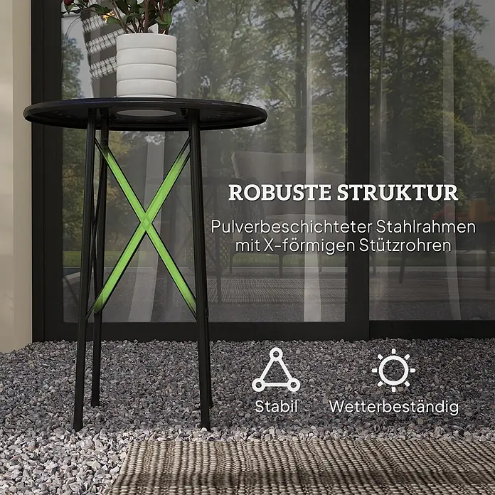 Outsunny Garten-Beistelltisch rund - Stahl, Schwarz - Schwarzer runder Stehtisch für draußen mit grünen X-förmigen Stahlstützen, stabil und wetterbeständig.