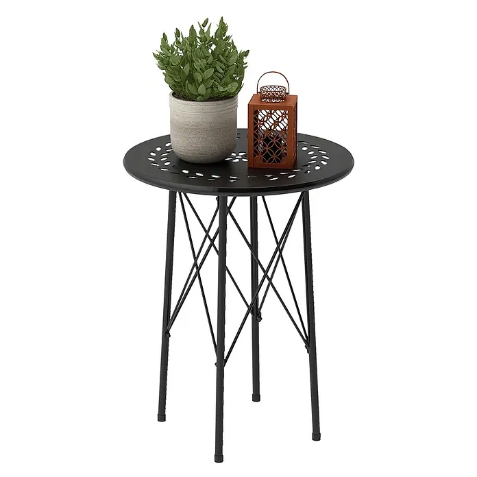 Outsunny Garten-Beistelltisch rund - Stahl, Schwarz - Schwarzer Metall-Bistrotisch mit runder, perforierter Platte und überkreuzten Beinen.