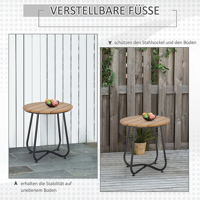 Outsunny Garten-Beistelltisch rund - Stahl, Kunststoff, Braun - Runder Gartentisch mit hellbrauner Lattenplatte und schwarzen Metallbeinen, mit verstellbaren Füßen für Stabilität und Bodenschutz.