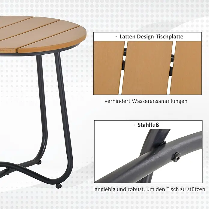 Outsunny Garten-Beistelltisch rund - Stahl, Kunststoff, Braun - Runder brauner Gartentisch mit Latten-Tischplatte und schwarzem Stahlgestell.