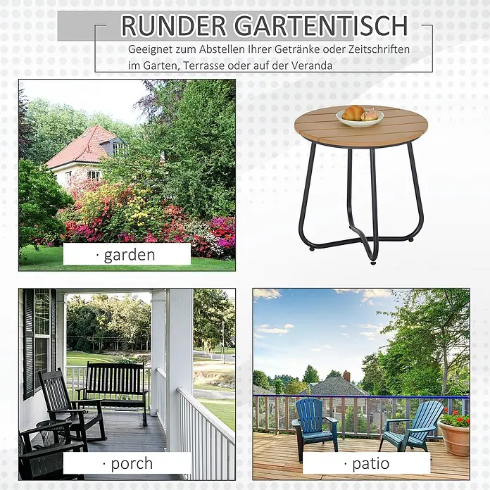 Outsunny Garten-Beistelltisch rund - Stahl, Kunststoff, Braun - Runder Gartentisch mit hellbrauner Platte und schwarzen Beinen, ideal für Getränke oder Zeitschriften.