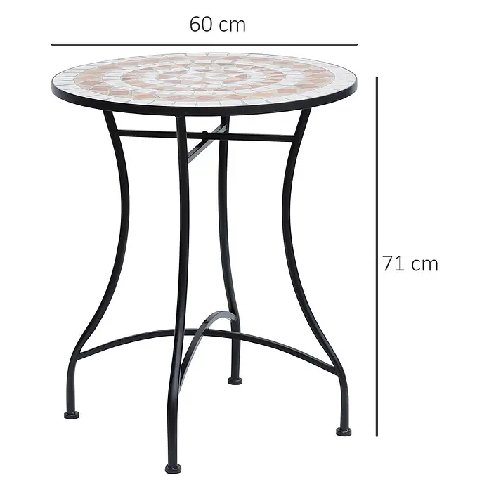 Outsunny Garten-Beistelltisch rund - Blau, Weiß, Grün - Runder Mosaik-Bistrotisch mit weißen und beigen Fliesen, schwarzem Metallgestell. Ø 60 cm, Höhe 71 cm.