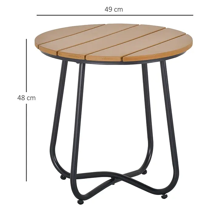 Outsunny Garten-Beistelltisch rund - Stahl, Kunststoff, Braun - Kompakter runder Outdoor-Tisch mit hellbrauner Lattenplatte und schwarzen Metallbeinen, 49x48 cm.