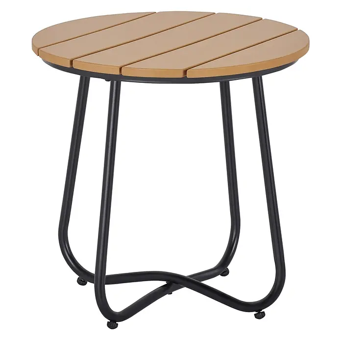 Outsunny Garten-Beistelltisch rund - Stahl, Kunststoff, Braun - Runder, beigefarbener Gartentisch mit Lattenplatte und schwarzen Metallbeinen.
