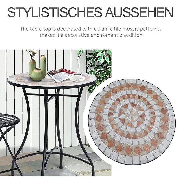 Outsunny Garten-Beistelltisch rund - Blau, Weiß, Grün - Runder Gartentisch mit Keramikmosaikplatte in Braun-, Beige- und Weißtönen und schwarzen Metallbeinen auf einer Terrasse.