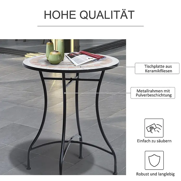 Outsunny Garten-Beistelltisch rund - Blau, Weiß, Grün - Runder Bistrotisch mit Mosaik-Keramikfliesenplatte und schwarz pulverbeschichtetem Metallgestell. Robust und pflegeleicht.